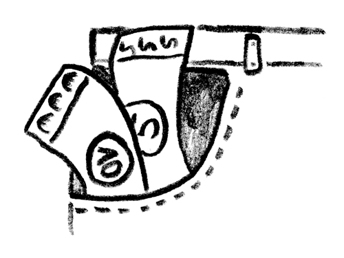 Gezeichnetes Bild, das eine Hosentasche voller Geldscheine abbildet