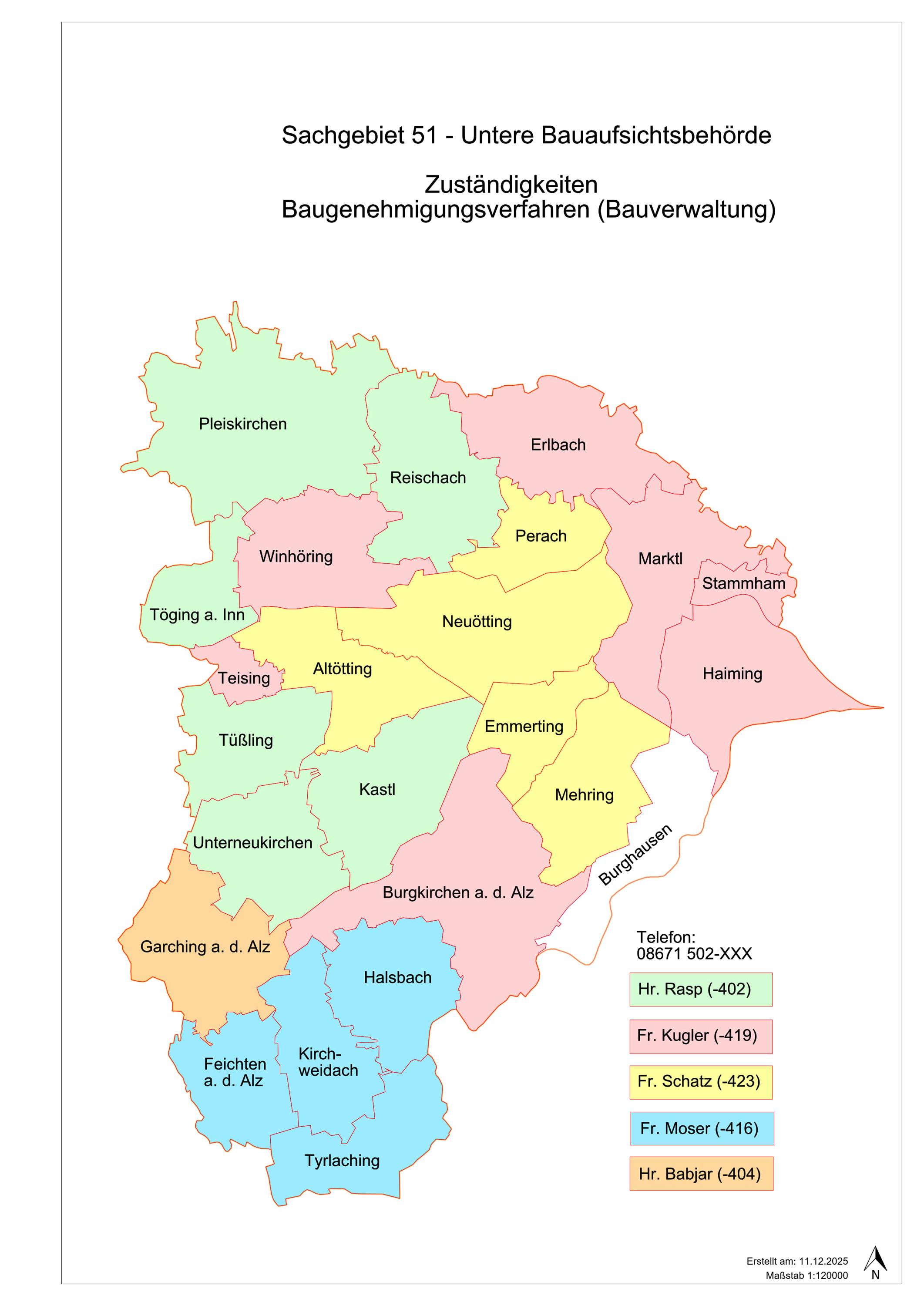 Landkarte mit Bauaufsichtszuständigkeit verschiedener Regionen 