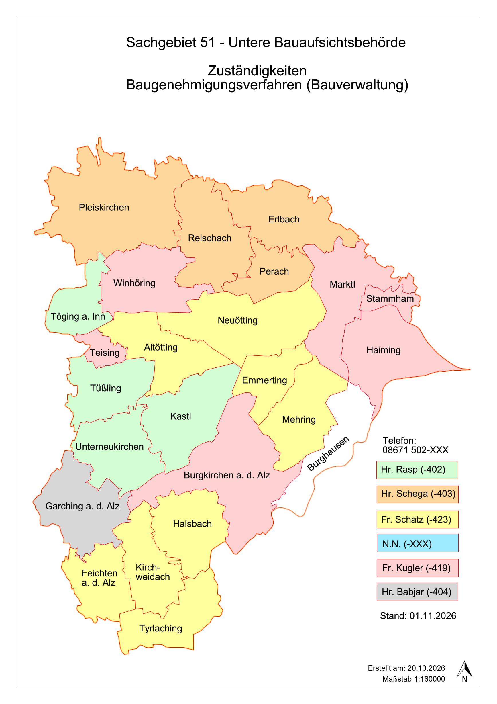 Landkarte mit Bauaufsichtszuständigkeit verschiedener Regionen 