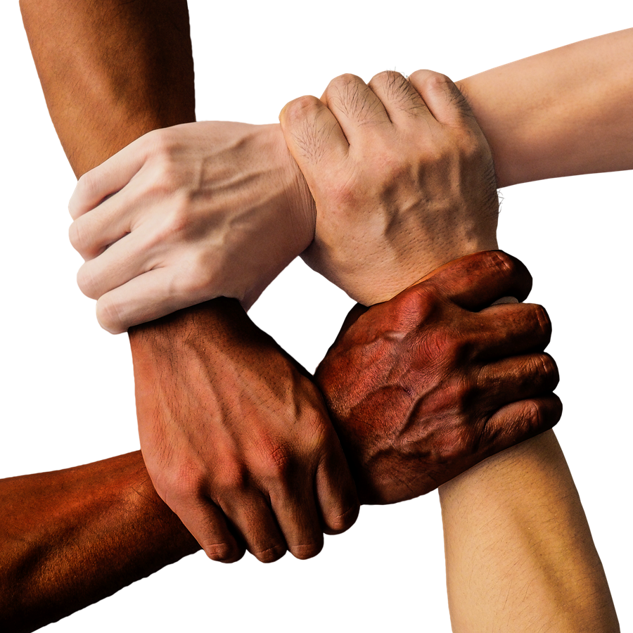 Vier Hände mit unterschiedlichen Hautfarben halten sich gegenseitig