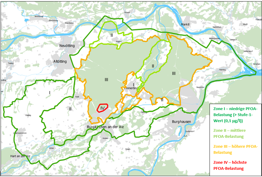 Abbildung 1: PFOA-Belastungszonen (B-Horizont) im Landkreis Altötting